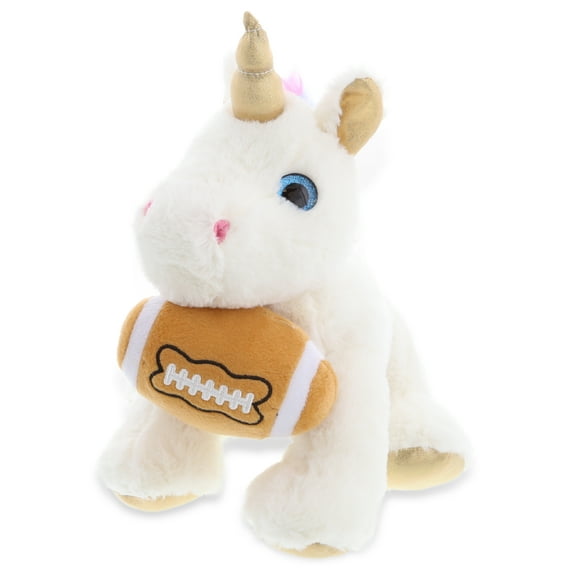DolliBu White and Gold Unicorn Stuffed Animal with Football Plush - Soft Plush Huggable Unicorn, Playtime Plush Toy, Cute Fantasy Plush Gift, Football Plush Animal Toy for Kids, Adults - 11.5 Inch