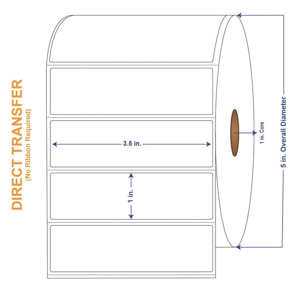 3-1/2" x 1" White Direct Print Thermal Labels, 2300 per roll (4 Rolls per Carton)