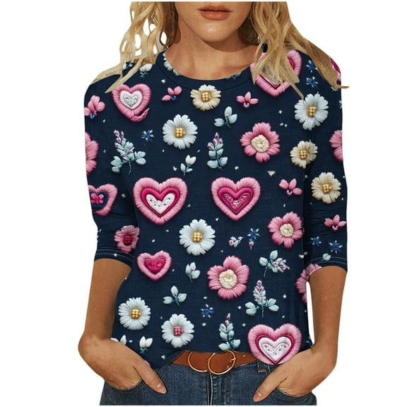 GA WEIHUA Women's 2025 Valentines Tops 3/4 Sleeve Cute Love Hearts Graphic Tee Shirts Casual Fashion Blouse Tops Valentine's Day Tunic Shirt for Women(Navy,XXL)