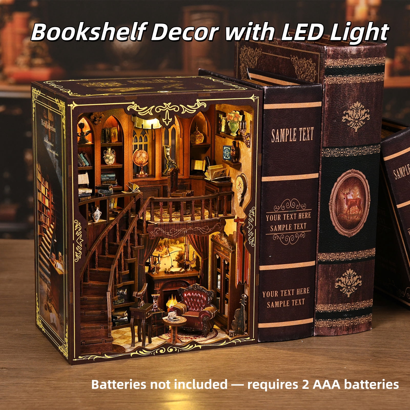 DIY Book Nook Kit – Wooden Miniature Library Scene with LED Light, Bookshelf Insert Decor, Relaxing Craft Kit for Adults & Teens, Ancient Rhyme Library