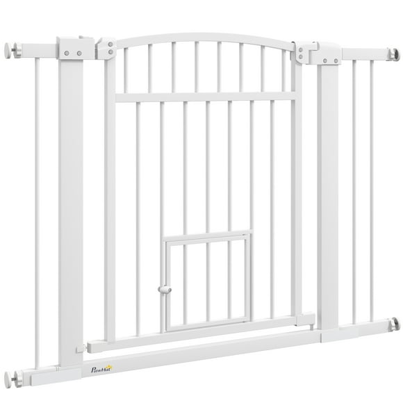 PawHut 30" High Extra Wide Pet Gate for Stairs & Doorways | White Steel & PA | 29.9"-40.9" Adjustable Width | Cat Door | Pressure or Drill Mount