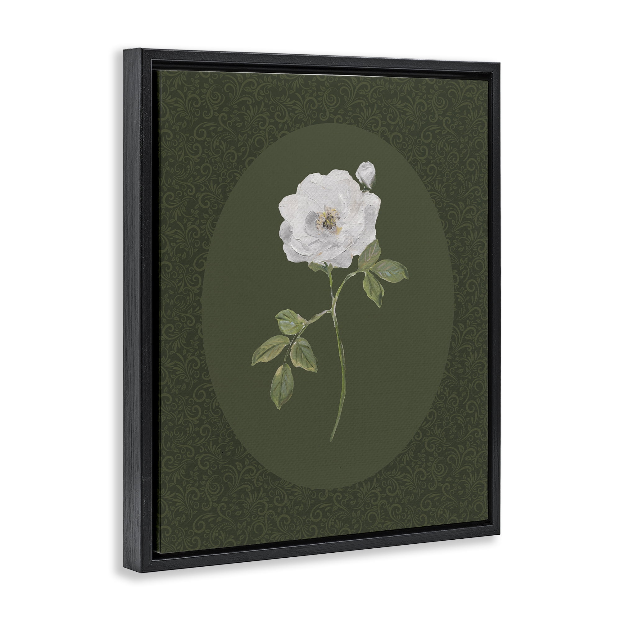 Stupell Industries Emerald & White Oval Rose Black Framed Floater Canvas Wall Art, design by Sally Swatland