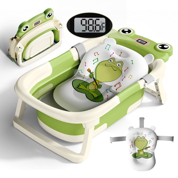 COOSEYA Collapsible Baby Bathtub with Cushion & Thermometer, Portable Bathing Tub for Newborn to Toddler (Frog/Green)