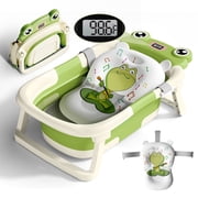 COOSEYA Collapsible Baby Bathtub with Cushion & Thermometer, Portable Bathing Tub for Newborn to Toddler (Frog/Green)