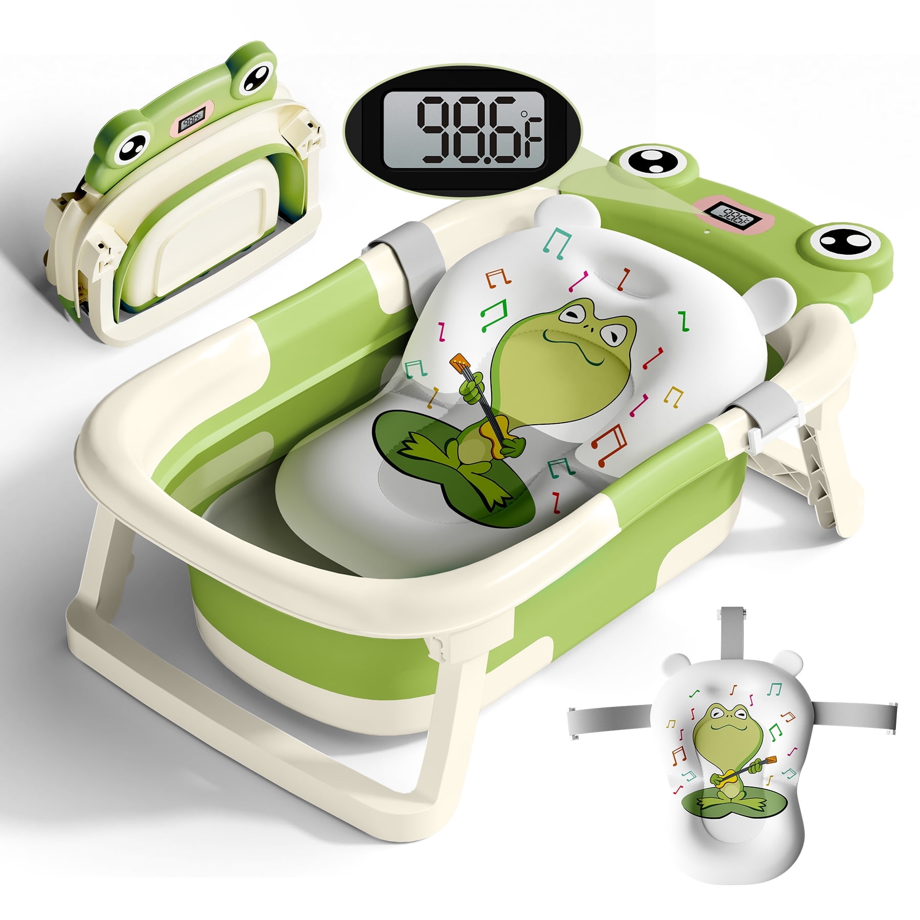 COOSEYA Collapsible Baby Bathtub with Cushion & Thermometer, Portable Bathing Tub for Newborn to Toddler (Frog/Green)