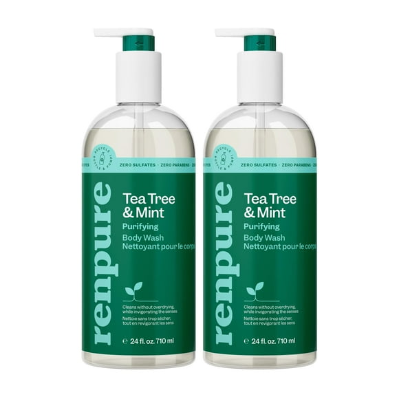 RENPURE Gel Douche Arbre à Thé & Menthe - Nettoie, Revitalise & Rafraîchit la Peau Sans Surséchage - pour Tous Types de Peau - Huile de Feuille d'Arbre à Thé, Huile de Feuille de Menthe Verte - 24 Fl Oz Chacun, Lot de 2