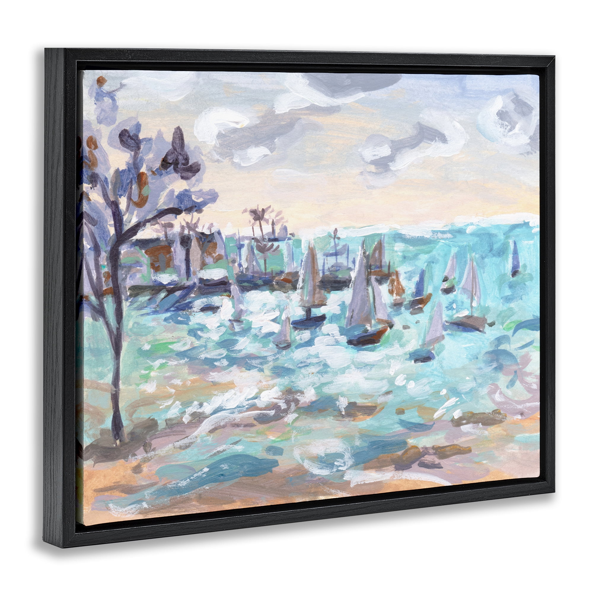 Stupell Industries Sailboat Fleet by Shore Nautical & Beach Painting Black Floater Framed Canvas Art Print Wall Art, 31 x 25