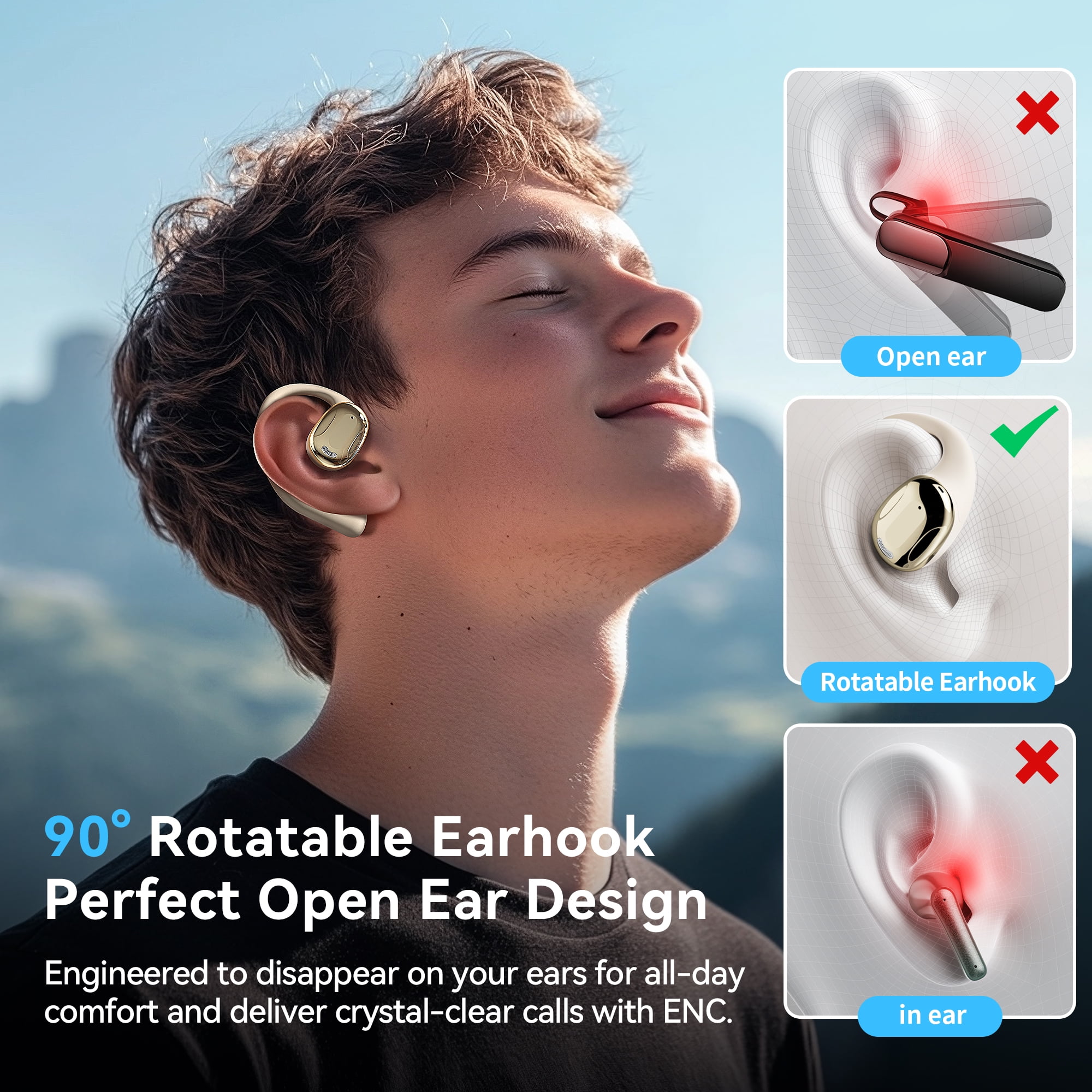 Open Ear Earbuds, Bluetooth 5.4 Wireless Earbuds with Earhooks, 70Hrs Playtime Bluetooth Earphones with LED Display Charging Case, Hifi Stereo Over Earbuds IP7 Waterproof for Sports, Running, Workout