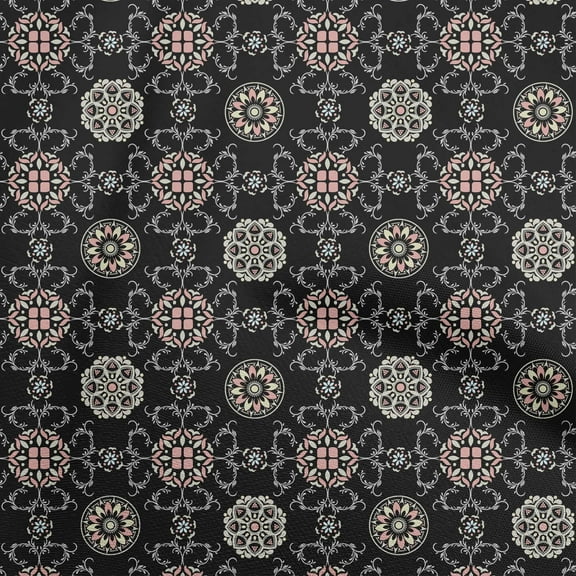 oneOone Polyester Spandex Black Fabric Asian Suzani Fabric For Sewing Printed Craft Fabric By The Yard 56 Inch Wide
