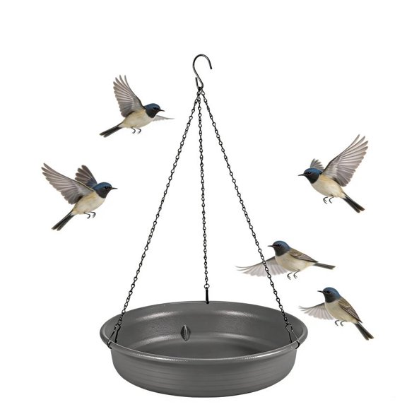 9.8" Hanging Bird Bath and Feeder Combo – Clear Plastic Bowl with Sturdy Metal Chain, Seed Catcher Tray for Garden, Patio & Balcony, Outdoor Bird Attractor