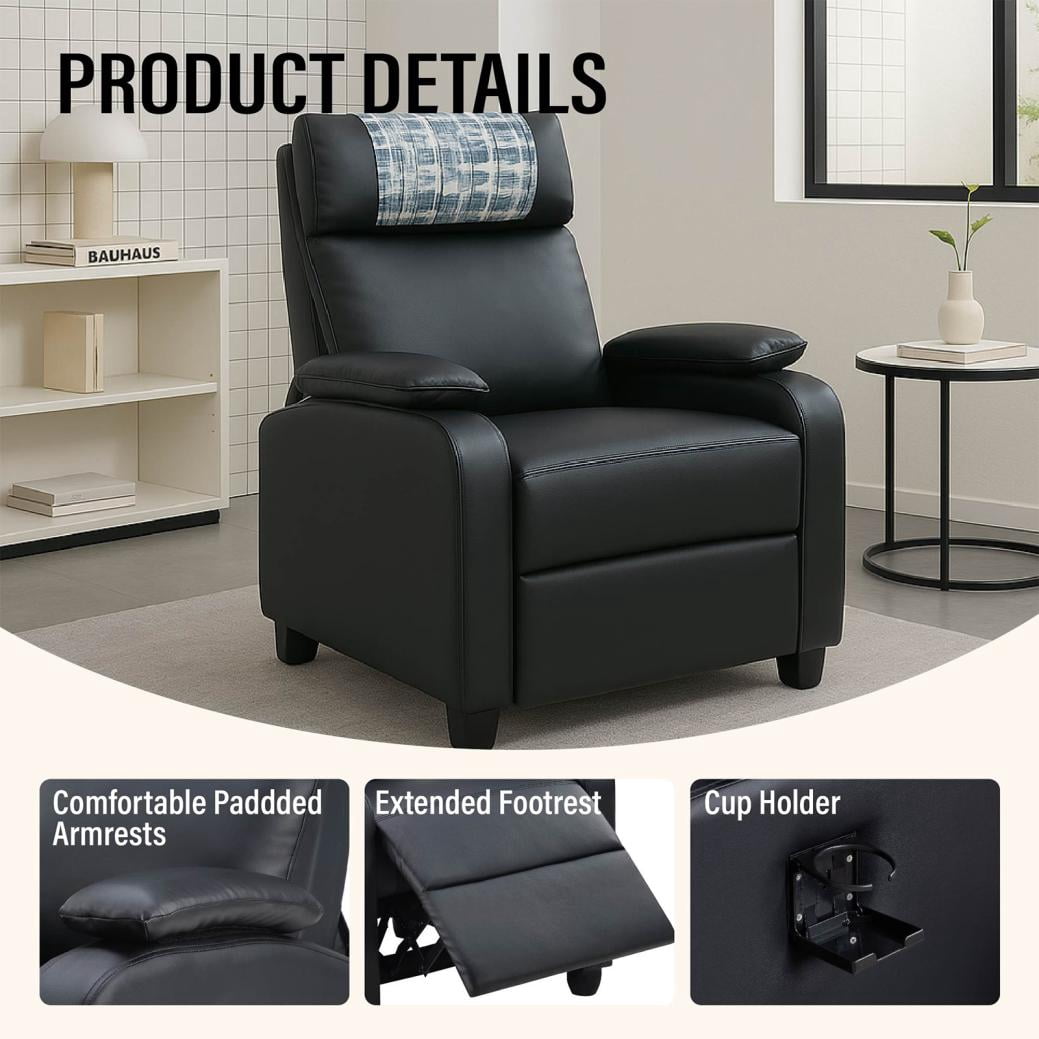 Recliner Chair Manual Reclining Sofa Comfortable Arms Back Support Living Room Home Theater Lounger Black With Cup Holder(Black)