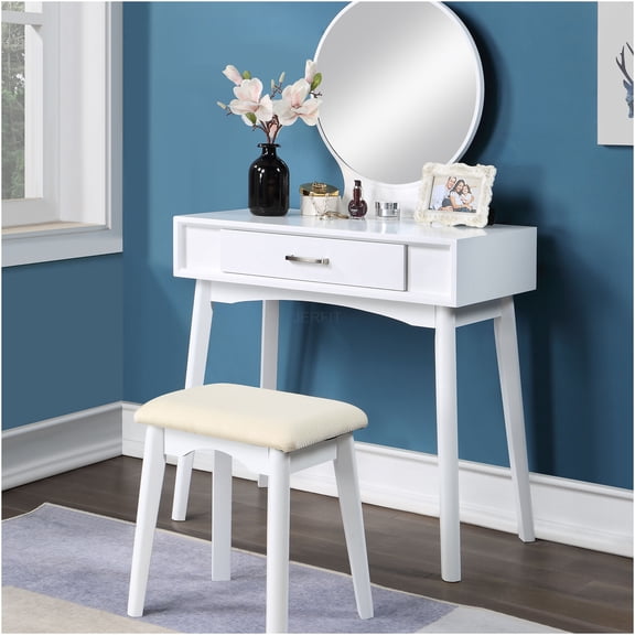 JERFIT Modern Vanity Set with Stool, White Makeup Dressing Table with Round Mirror and Storage Drawer for Bedroom