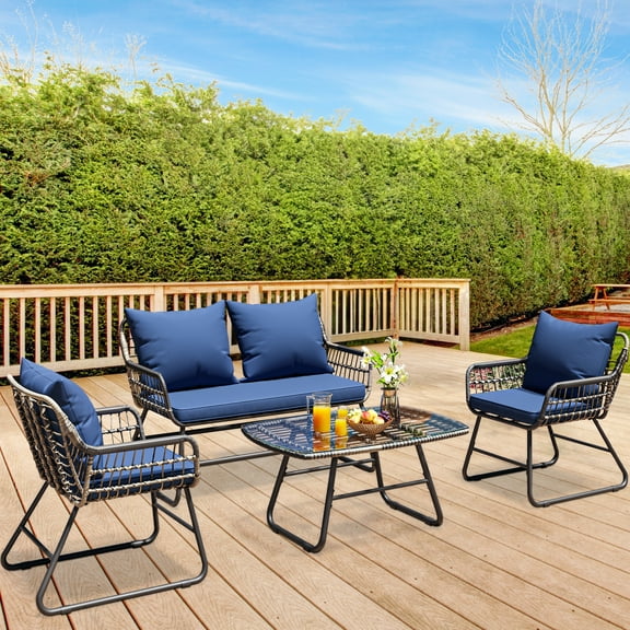 Dextrus Navy Blue 4-Piece Outdoor Wicker Bistro Set, Weather-Resistant Rattan Loveseat Chairs for Relaxing in your Backyard, Balcony, or Deck, Complete with Cozy Cushions and Durable Metal Table