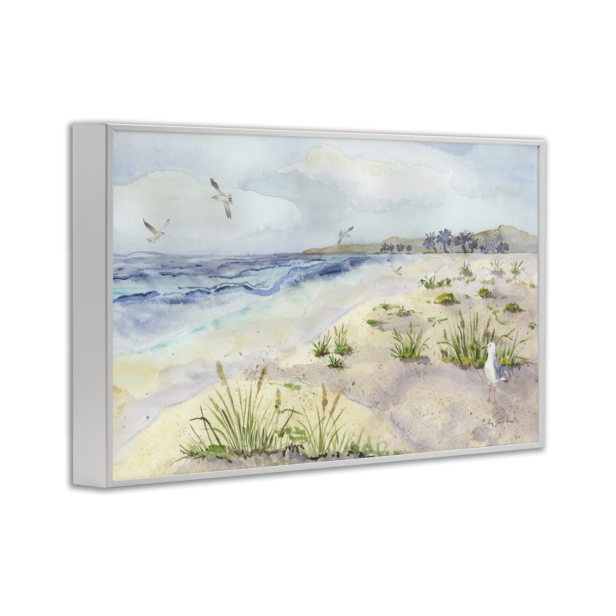 Stupell Industries Seagulls Over Beach Landscape Painting White Framed Art Print Wall Art, 30 x 20