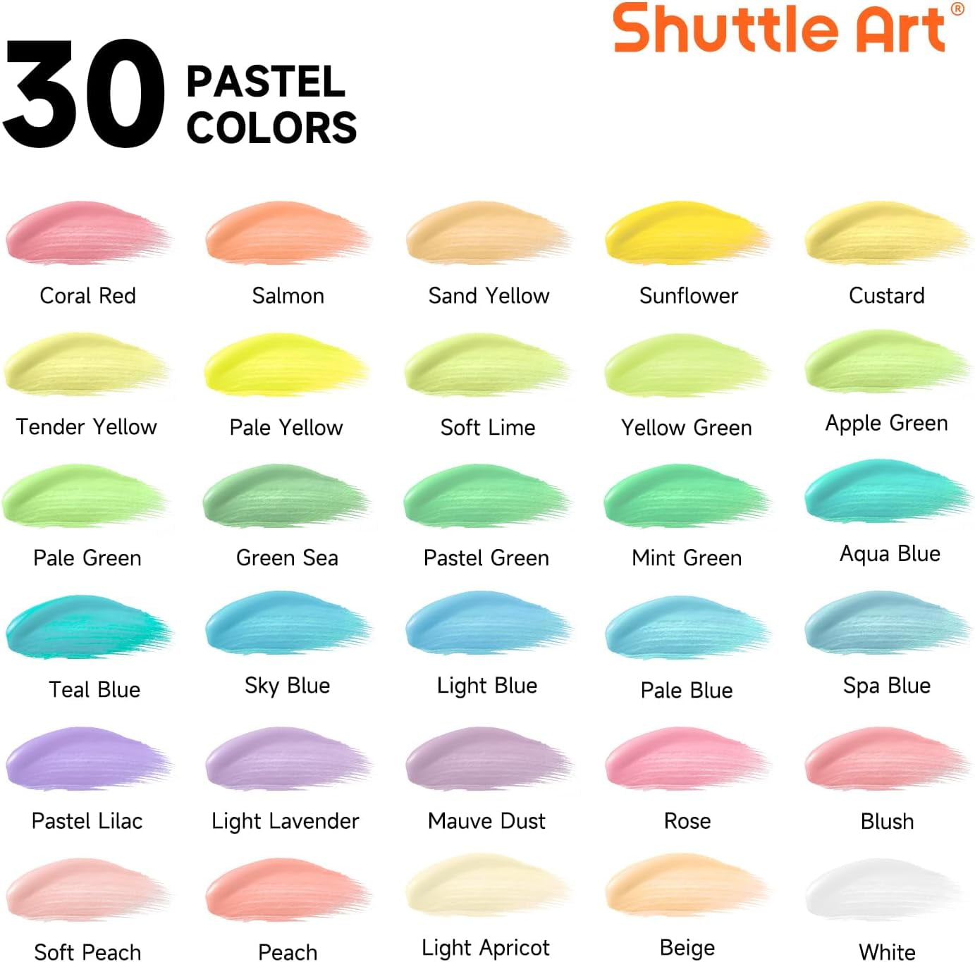 Shuttle Art 40 Pack Pastel Acrylic Paint Set, 30 Colors, 60ml/2oz Bottles, High Viscosity, Water-proof Paint With 10 Paint Brushes for Painting &Crafting