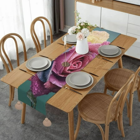 

Colorful Rose Romance Petals Plant Table Runner Imitation Linen Table Runner With Khaki Tassels For Party And Dining Room 14 x 60