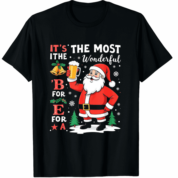 Funny Christmas Santa Claus Drinking Beer Wonderful Time T-Shirt for Adults Men and Women