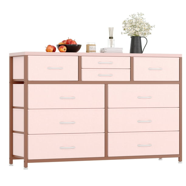 Cómoda Blanca de 5 Cajones para Dormitorio, Estructura de Madera Sólida con Patas de Metal, Cómoda Alta con Espejo y Gabinete, Fácil Ensamblaje, Ideal para Organizar Ropa y Accesorios - Color rosa