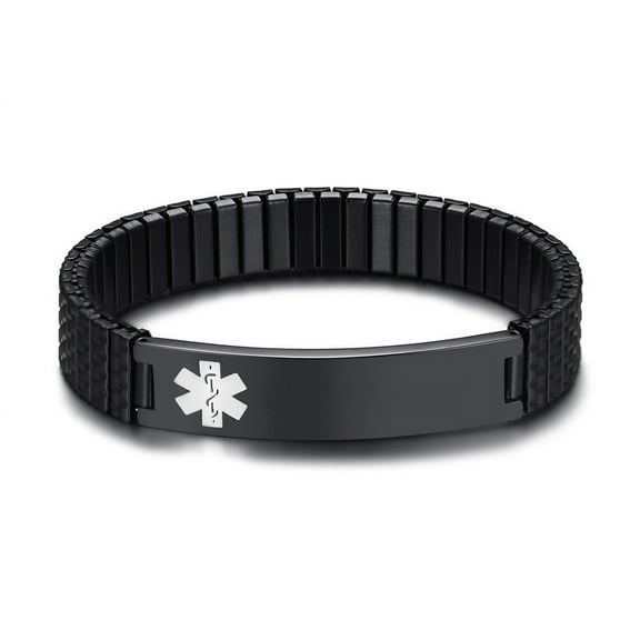 Black Stainless Steel Medical Alert ID Watch Band Stretch Bracelet for Women Girl 7-7.2inches