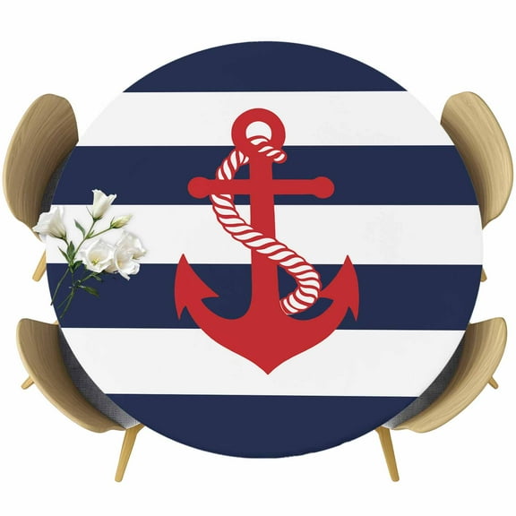 Navy Blue Stripe Nautical Round Tablecloth 36-44 Inch Round Fitted Table Cloth with Elastic Edge, Red Anchor Summer Coastal Waterproof Table Cover Protector for Outdoor Picnic Party Dining