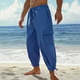 thumbnail image 2 of hotojiny Men's Cotton Linen Pants Casual Baggy Harem Pants Solid Elastic Waist Cinch Bottoms Beach Cargo Trousers, 2 of 7