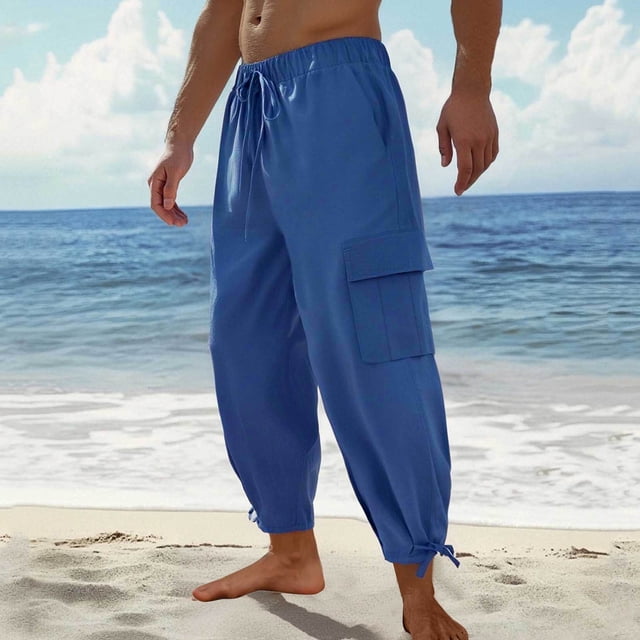Pantalones largos para hombre, de color liso, holgados, informales, con bolsillos grandes, de lino, cintura elástica y cordón ajustable, de poliéster.