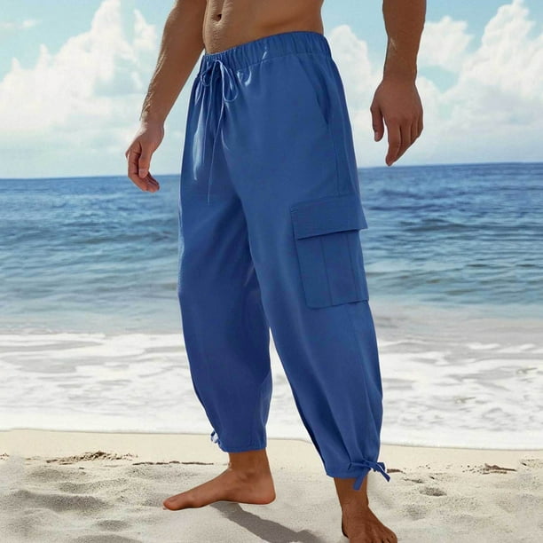 Pantalones largos para hombre, de color liso, holgados, informales, con bolsillos grandes, de lino, cintura elástica y cordón ajustable, de poliéster.