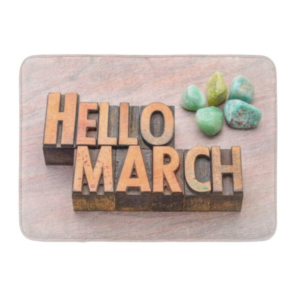 YUSDECOR Calcite Welcome Hello March in Vintage Letterpress Wood with Green Gemstone Crystals Amazonite Calendar Rug Doormat Bath Mat 23.6x15.7 inch