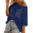 thumbnail image 2 of Womens Summer Scoop Neck Short Sleeve Sweater Casual Crochet Hollow Out Knit Tops Pullover Shirts Beach Coverup Womens Summer Boho Tops Navy S, 2 of 8