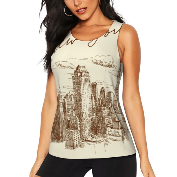 Balery New York Camiseta sin mangas estampada ligera para mujer, tops de entrenamiento sin mangas, camisetas de yoga transpirables de secado rápido.-Medium