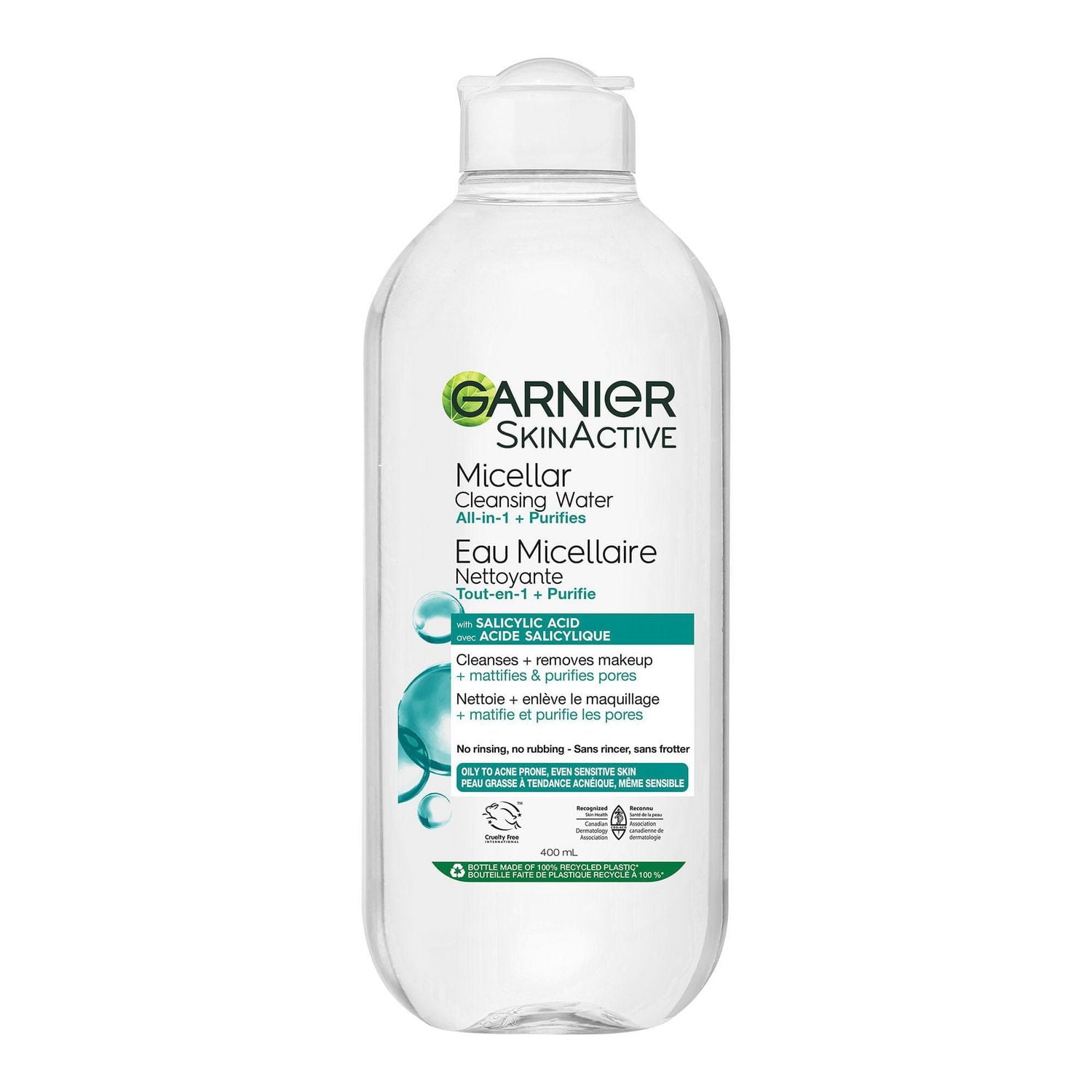 Eau micellaire Garnier à l'acide salicylique pour les peaux grasses à acnéiques sensibles Nettoyant et démaquillant pour le visage