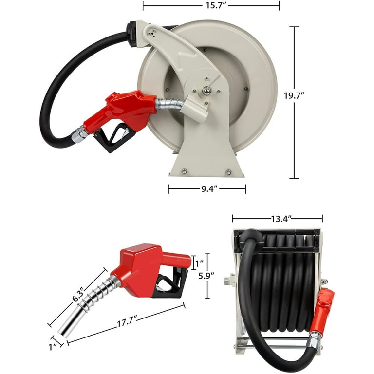 Diesel Fuel Hose Reel Retractable 1 x 50' Spring Driven Auto Swivel Rewind  Industrial Heavy Duty Commercial Hose Holder Reel with 