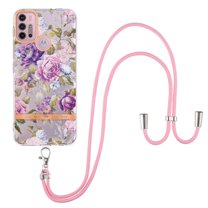 Flower Pattern Case for Motorola Moto G Power 2022, Detachable Shoulder Strap Lanyard Crossbody Slim Lightweight Floral Cover, PC   Silicone Shockproof Drop Resistant Case, Purple Peony
