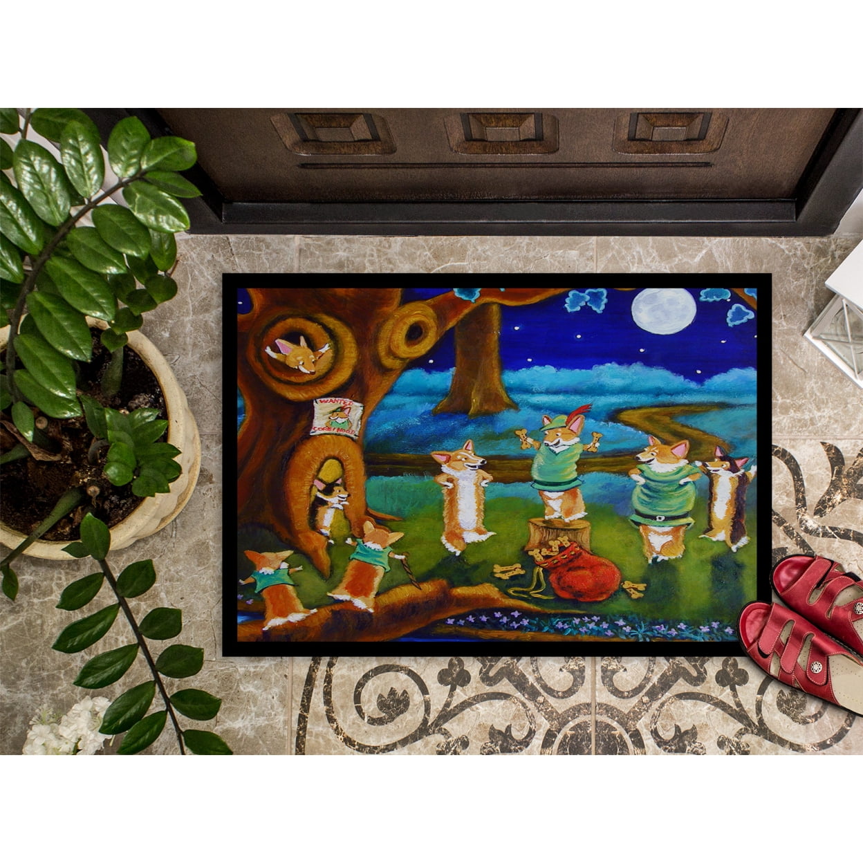 Carolines Treasures 7415JMAT Corgi Robin Hood Doormat 24x36 36"L x 24"W multicolor