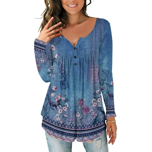 Blczomt Long Sleeve Womens Tops Under $10 Tunic Floral Blue Shirt V Neck Vintage Loose Womens Blouse