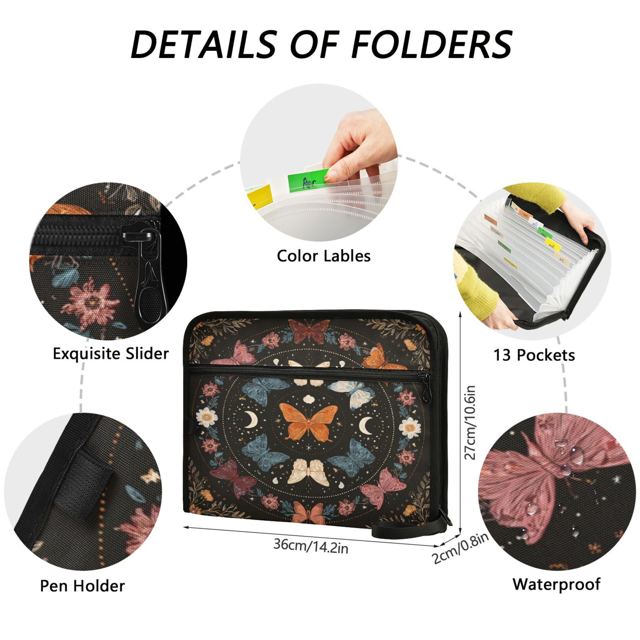 Accordion File Organizer with Zip Closure 13 Pockets Expanding File Folder Letter A4 Paper Document Organizer for Home Office Colorful Butterflies with Flowers