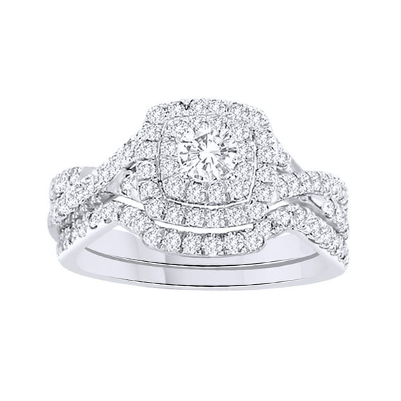 AFFY White Natural Diamond Halo Ring Set In 10k White Gold (1.1 Cttw)
