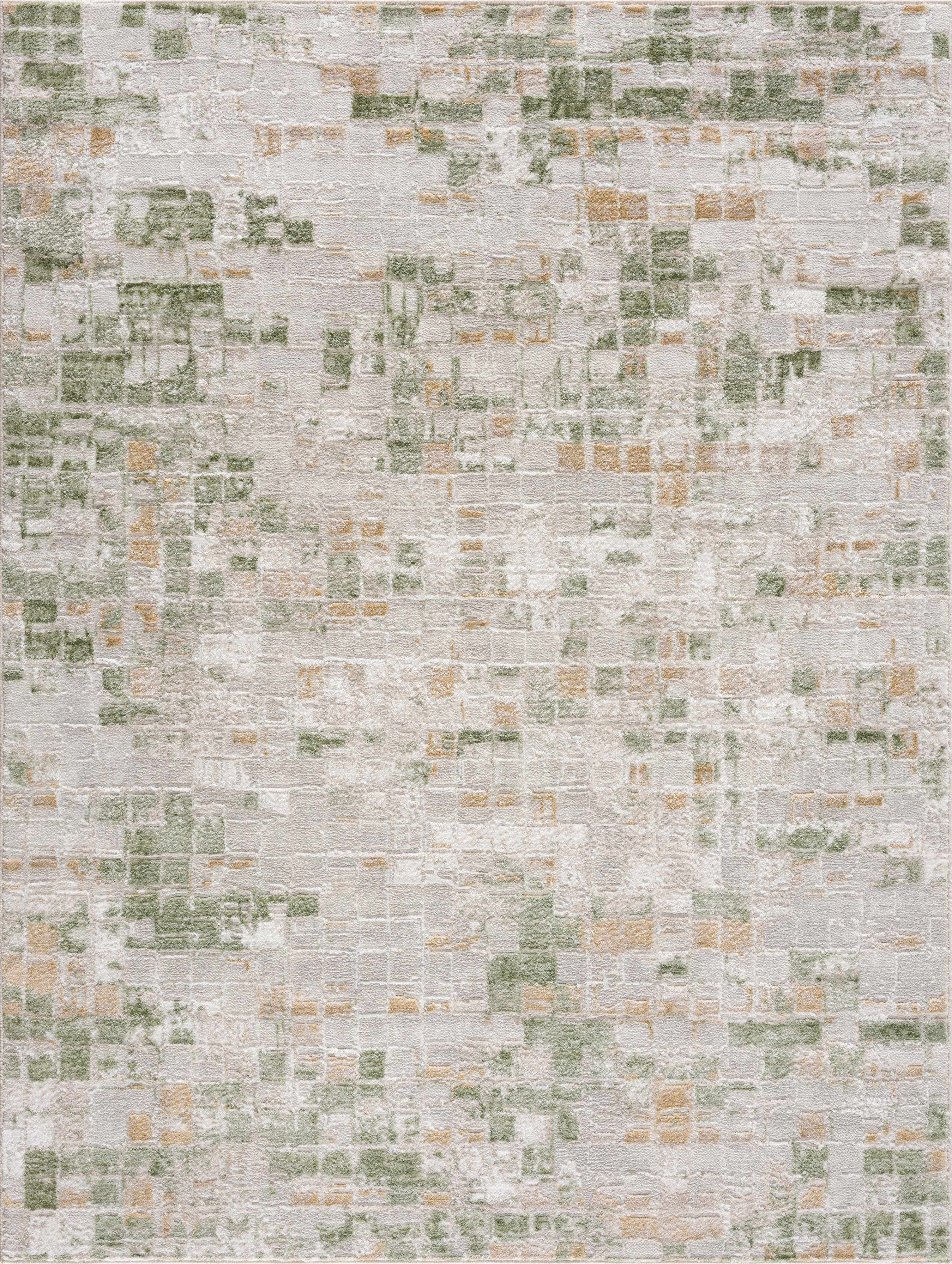 Hauteloom Liverpool Modern Abstract Bedroom Living Room Area Rug - Square Tile Carpet - Contemporary Bohemian Farmhouse - Green, Brown, Cream, Beige, Ivory - 7'10" x 10'