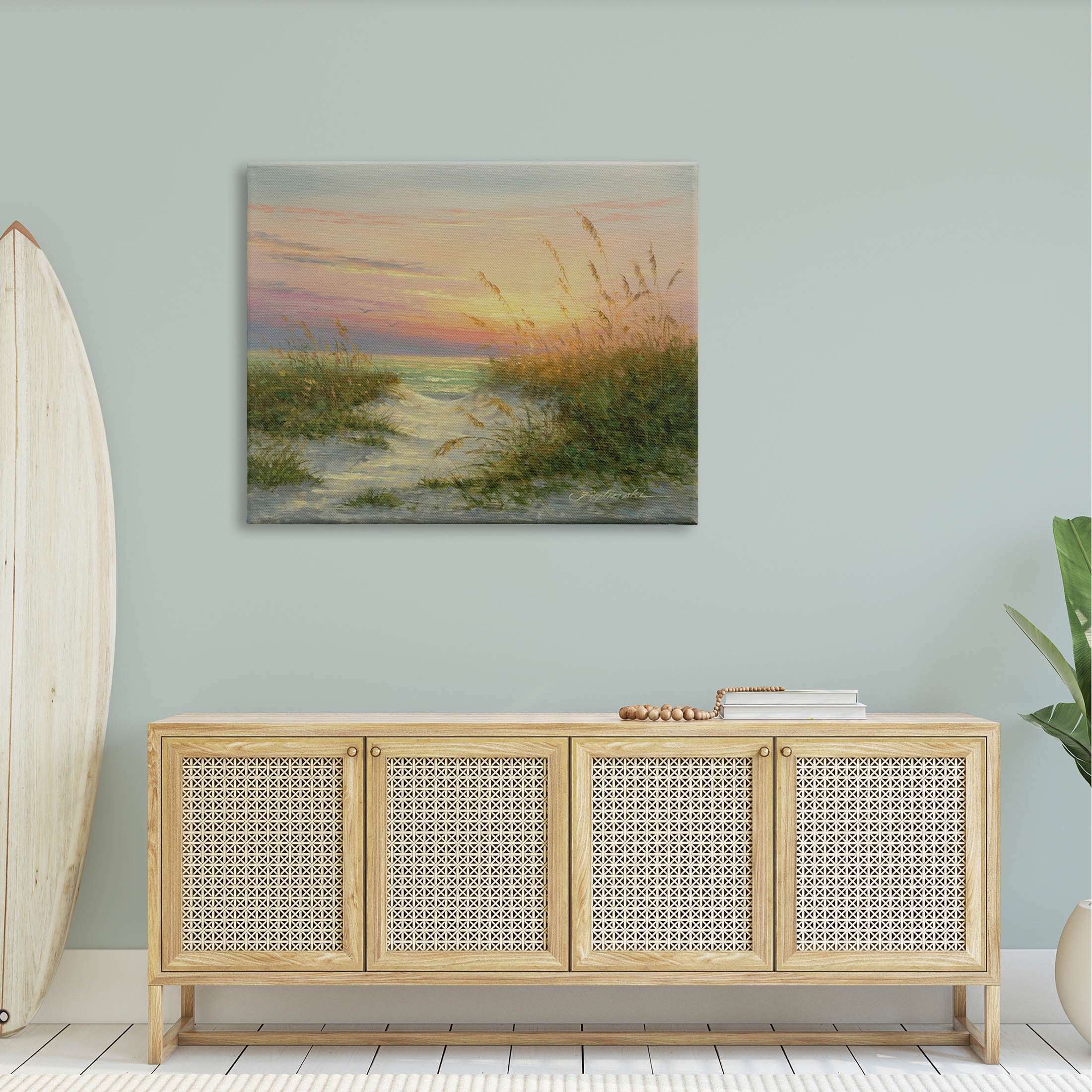 Sunset Beach Path Reeds Coastal Painting Gallery Wrapped Canvas Print Wall Art