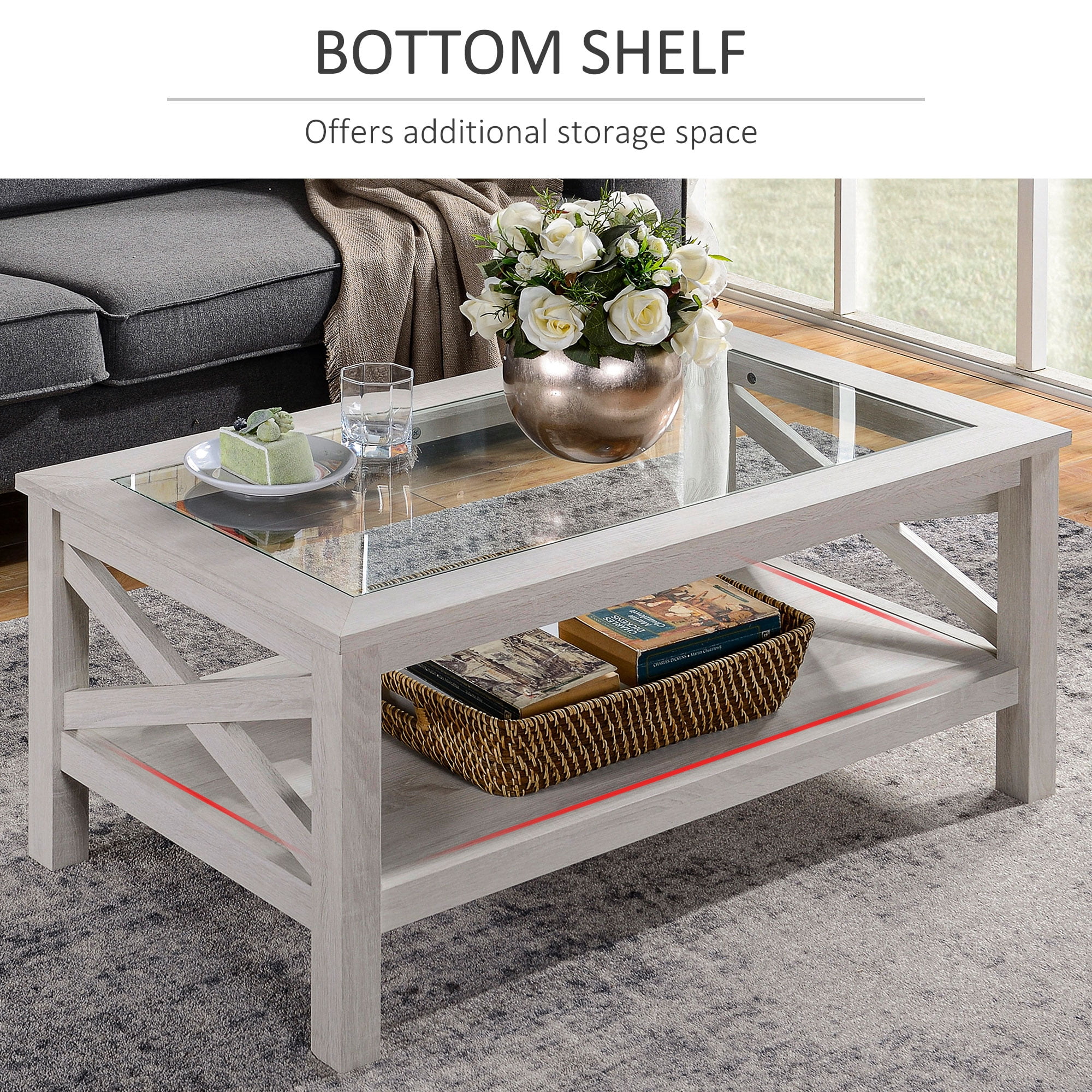 HOMCOM Farmhouse Style Coffee Table with Wood Frame, Tempered Glass Tabletop and Underneath Storage Shelf, Side Table for Living Room, 39.25"x21.75", White Oak
