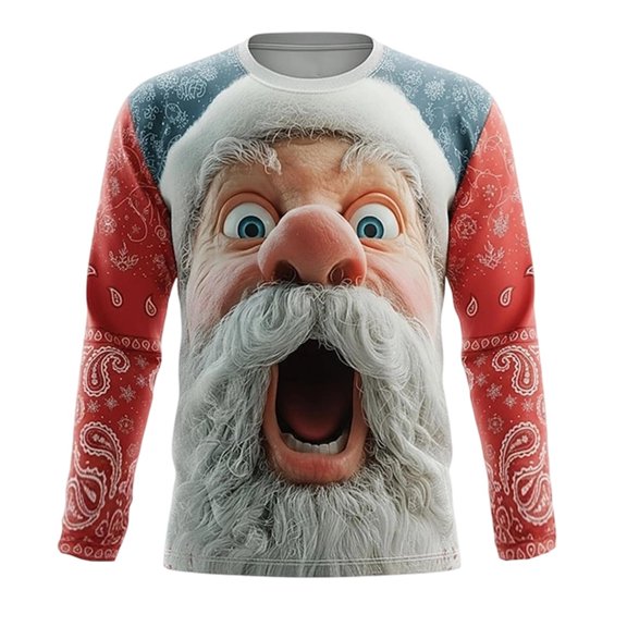 Trendfront Mens Shocked Santa Graphic T Shirts Crewneck Long Sleeve Realistic Christmas Character Face Print Winter Holiday Tee Tops