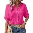 thumbnail image 4 of Fengactive Womens Collared Button Down Shirts Half Sleeve Roll Up Blouses with Pocket Solid Color Dressy Tunic Tops, 4 of 7