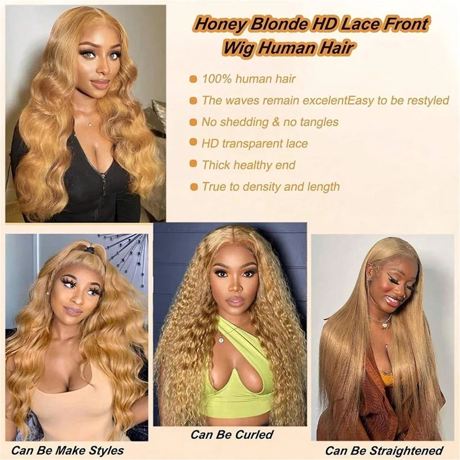 13x6 Body Wave HD Transparent Lace Frontal Wigs Human Hair Honey Blonde Wig 200 Density Pre Plucked