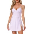 thumbnail image 1 of Noche de seda sexy para mujeres, vestido de encaje, camisón de satén sin mangas, ropa de dormir, lencería, color púrpura, 1 of 6