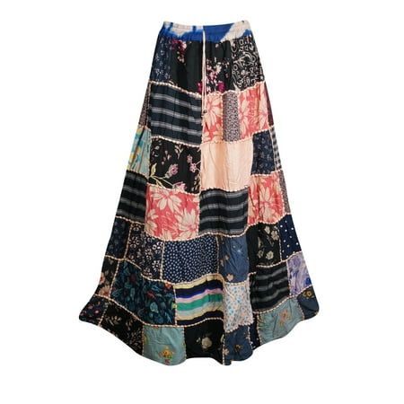Patchwork Print Skirt - Mogul Women's Broomstick Skirt Patchwork Printed Crinkle Rayon Peasant Boho Maxi Skirts S/M
