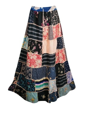 Mogul Women's Broomstick Skirt Patchwork Printed Crinkle Rayon Peasant Boho Maxi Skirts S/M