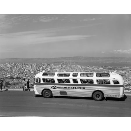 1950s Sightseeing Tour Bus Parked At Twin Peaks For View Of San Francisco And Bay Area California Usa Rolled Canvas
