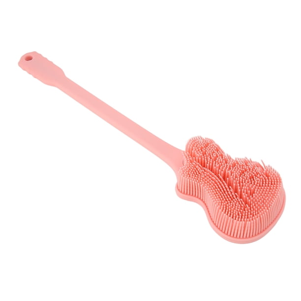 Cepillo de baño con forma de guitarra, mango largo, cepillo de ducha de doble cara, masaje corporal, cerdas suaves, silicona, forma de guitarra, exfoliante de espalda, color rosa