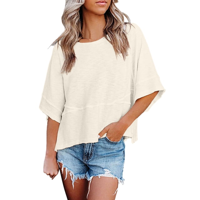 Blusa de manga media con cuello redondo lisa y casual para mujer: top de poliéster transpirable para el día a día o el trabajo, ligero y resistente a las arrugas
