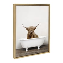 Kate and Laurel Sylvie Highland Cow in Tub Color Framed Canvas Wall Art by Amy Peterson Art Studio, 18 x 24, Gold, Humorous Animal Wall Décor
